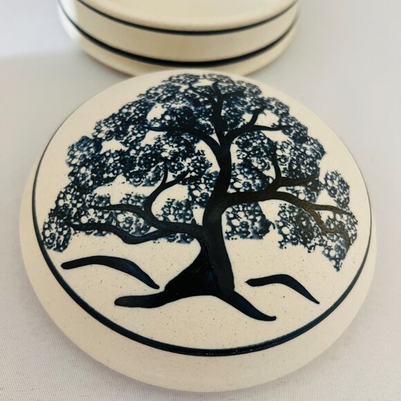 Tree of Life Lidded Trinket Box Vintage Hand Painted Ceramic Cobalt Blue Signed - Picture 9 of 12